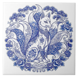 Carreau Renard à neuf queues Kitsune Imari Style Bleu Blan