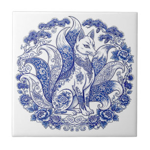 Carreau Renard à neuf queues Kitsune Imari Style Bleu Blan