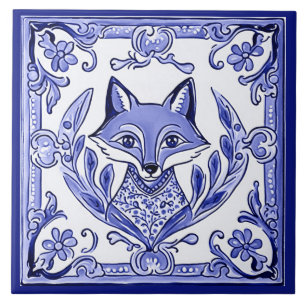 Carreau Renard Bleu et Blanc Style asiatique Folk Art anim
