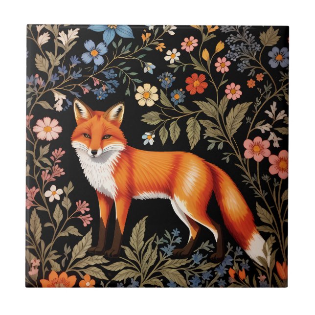 Carreau Renard Élégant Fleur Floral Noir (Devant)