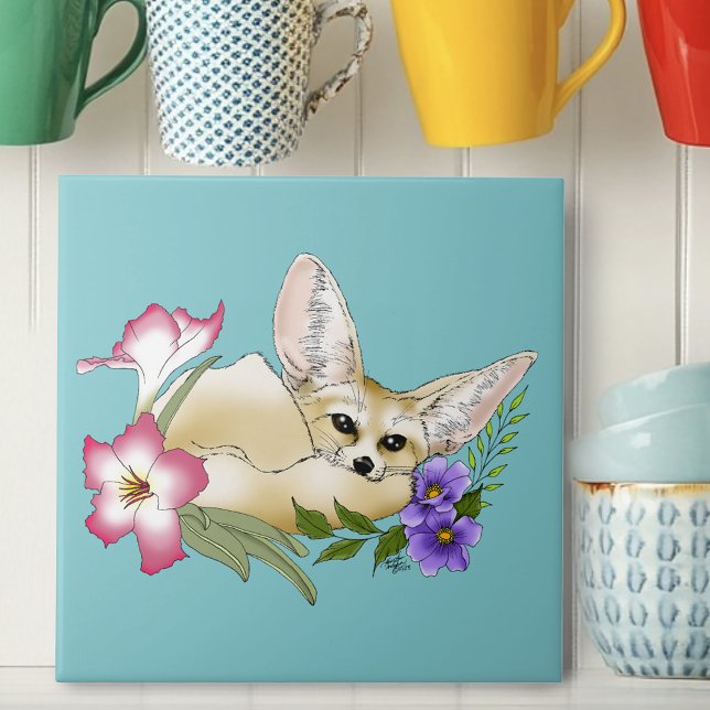 Carreau Renard Fennec Fleurs Roses Violettes Mignon Botani (Créateur téléchargé)