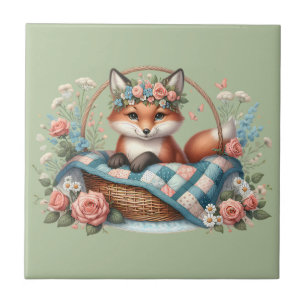 Carreau Renard floral dans un panier avec courtepointe et