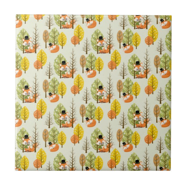 Carreau Renard orange mignon arbres d'automne forêt hipste (Devant)