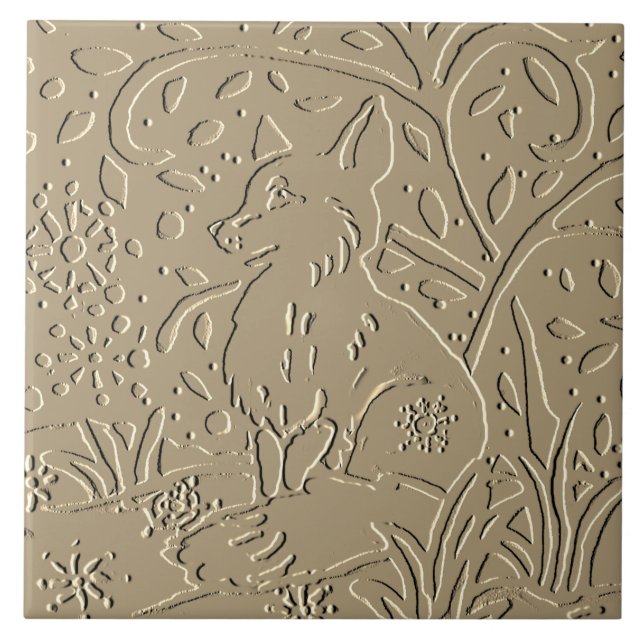 Carreau Renard Tan Beige Embossé Bois Foliage Hiver (Devant)