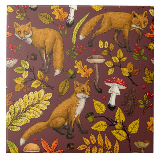 Carreau Renards d'automne sur chocolat brun (Devant)