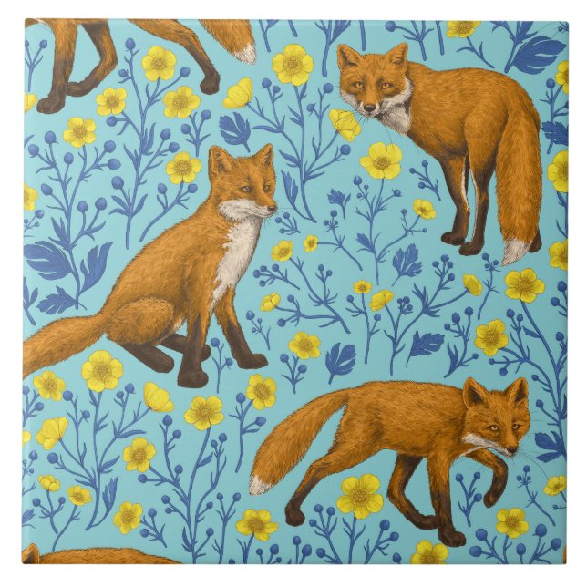 Carreau Renards et papillons sur le bleu de la piscine (Devant)