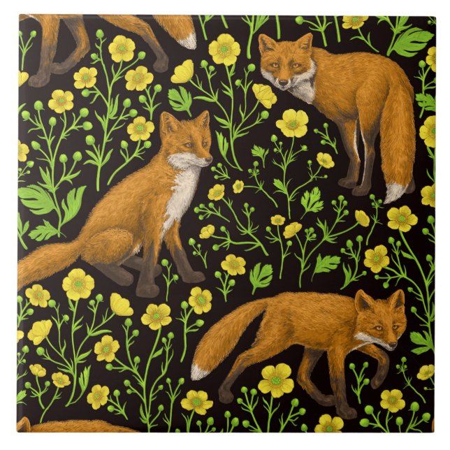 Carreau Renards et papillons sur le noir (Devant)