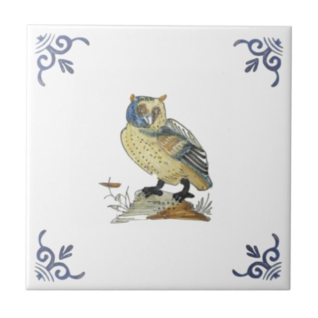 Carreau Repro 1700s Antique Painted Delft Owl Tile blanc (Devant)