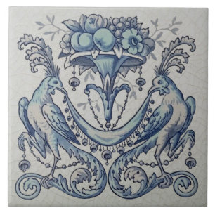 Carreau Repro Antique Minton Hollins Oiseaux Fruit Bleu