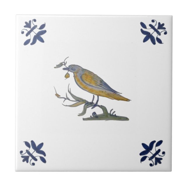 Carreau Repro Antique Oiseau Peint sur Branche Blanc Multi (Devant)
