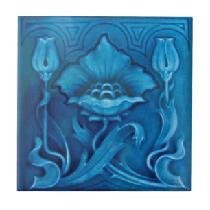 Carreau Repro Art Nouveau Cerulean Bleu Floral Majolica