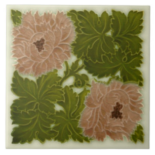 Carreau Repro de tuile rose et verte de Minton Peony 1896