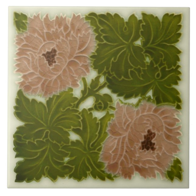 Carreau Repro de tuile rose et verte de Minton Peony 1896 (Devant)
