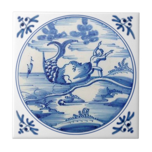 Carreau Repro Delft Biblique Jonah et la Baleine 1700 (Devant)