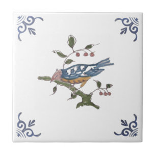 Carreau Repro Delft Bird sur Branche avec Berries sur Carr