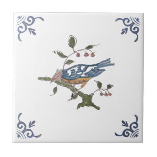 Carreau Repro Delft Bird sur Branche avec Berries sur Carr