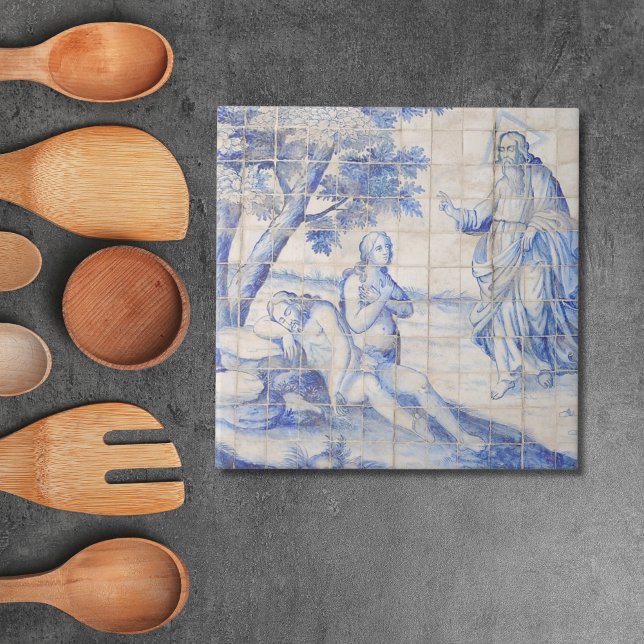 Carreau Repro Delft Tile Adam et Eve Biblique (Repro Delft Tile Blue Biblical Tiles)