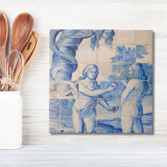 Carreau Repro Delft Tile Adam et Eve Scène pittoresque (Repro Delft Tile Blue Adam and Eve biblical)