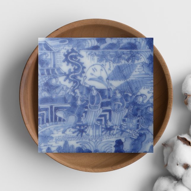 Carreau Repro Delft Tile Chinoiserie Découpage Bleu Blanc (Repro Delft Tile Chinoiserie Blue and White)