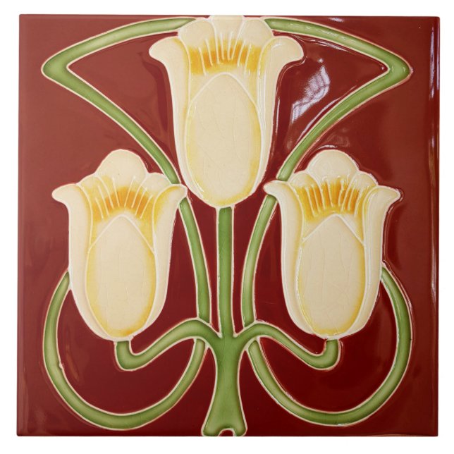Carreau Repro Edwardian Art Nouveau Red Tulip Floral Tile (Devant)