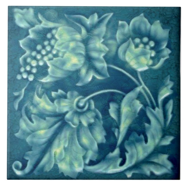 Carreau Repro Faux Relief Pacock Aqua Majolica Floral (Devant)