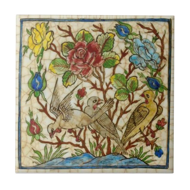 Carreau Repro Oiseaux Antiques Main Rose Peinte Perse (Devant)