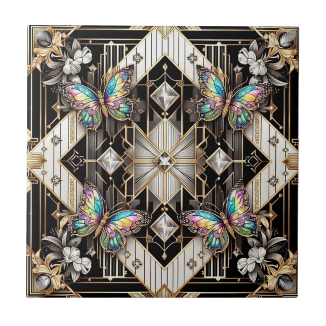 Carreau Retro Art Deco Nouveau Rainbow Butterfly (Devant)