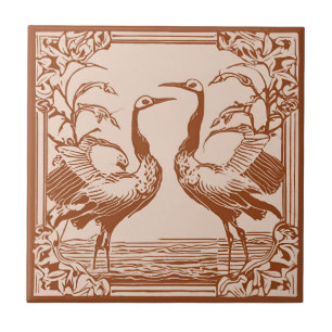 Carreau Retro Birds deux grues Brown Art Déco Art Nouveau