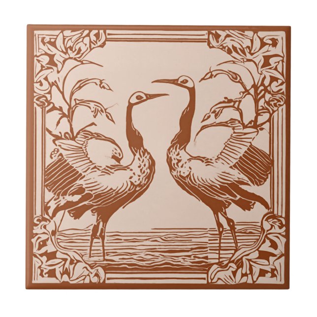 Carreau Retro Birds deux grues Brown Art Déco Art Nouveau (Devant)