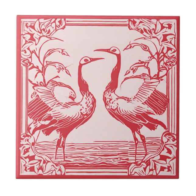 Carreau Retro Birds deux grues Rouge Art Déco Art Nouveau (Devant)