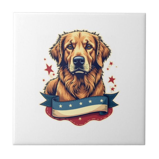 Carreau Retro Patriotic Golden Retriever Engraving Tee 4 (Devant)
