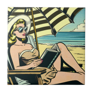 Carreau Retro Pop Art Lady sur la plage