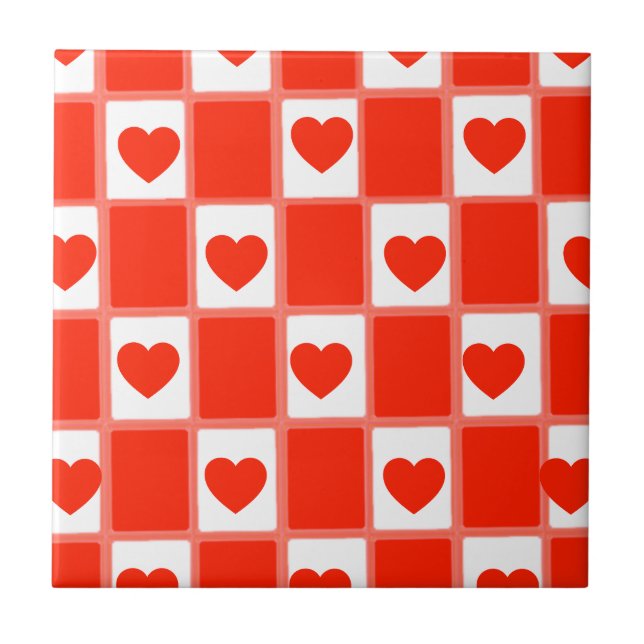Carreau Retro Red Heart Checkerboard Pattern (Devant)