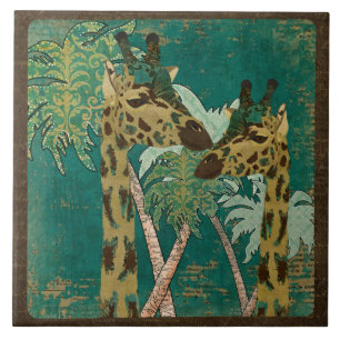 Carreau Rétro tuile de girafes bleues tropicales de