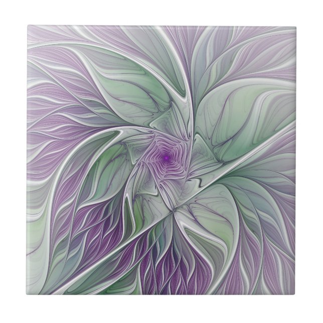 Carreau Rêve de fleurs, Abstrait violet vert Fractal Art (Devant)