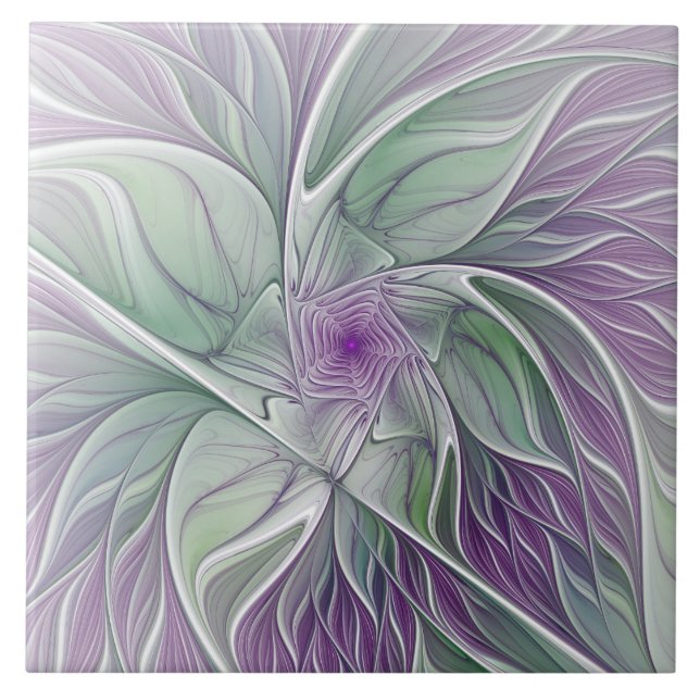 Carreau Rêve de fleurs, Abstrait violet vert Fractal Art (Devant)