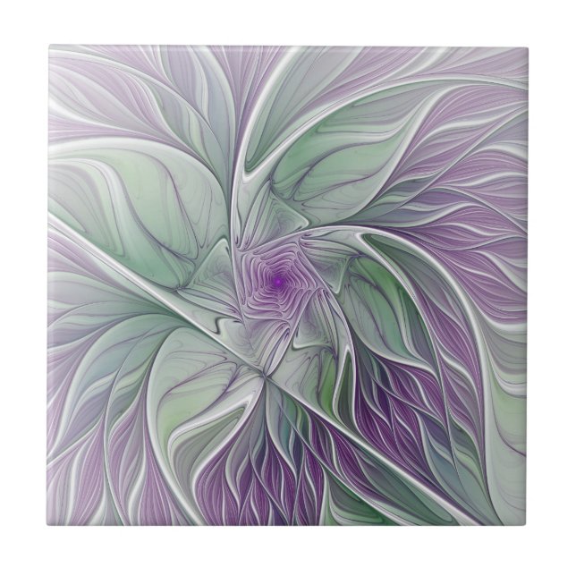 Carreau Rêve de fleurs, Abstrait violet vert Fractal Art (Devant)
