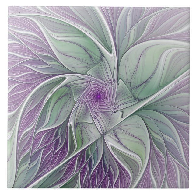 Carreau Rêve de fleurs, Abstrait violet vert Fractal Art (Devant)