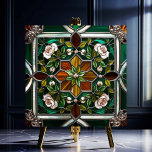 Carreau Revêtement de verre de Mandella Rose vert et orang<br><div class="desc">Rose Mandella Verte & Ambre en verre feuilleté Mandella Carrelage en céramique présente un beau design de 4 roses et rosebuds avec feuilles et arrière - plans dans des couleurs riches d'ambre, verts & crèmes, le tout dans un look de vitrail dans le style Mandella. Il y a beaucoup d'applications...</div>