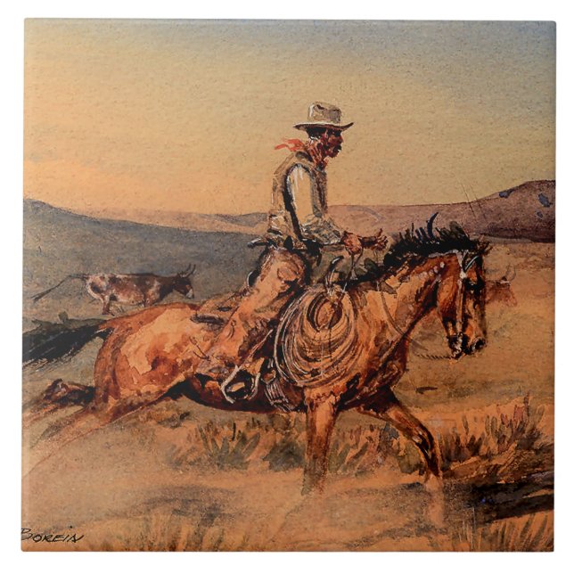 Carreau « Riding Herd » Art occidental d'Edward Borein (Devant)