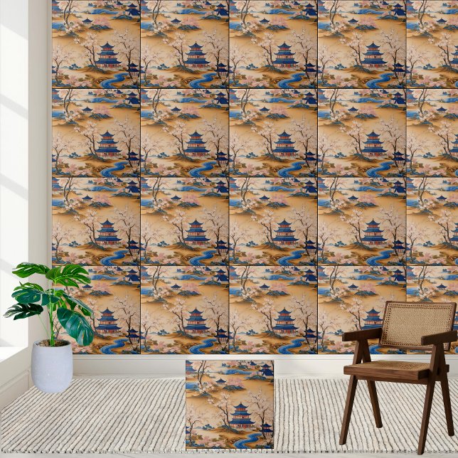 Carreau Rivière paisible et Pagode Art Chinoiserie Carrela (Peaceful River and Pagoda Art Chinoiserie Tile)