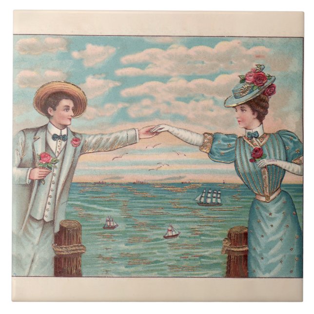 Carreau Robe de mariage victorien plage amour océan couple (Devant)