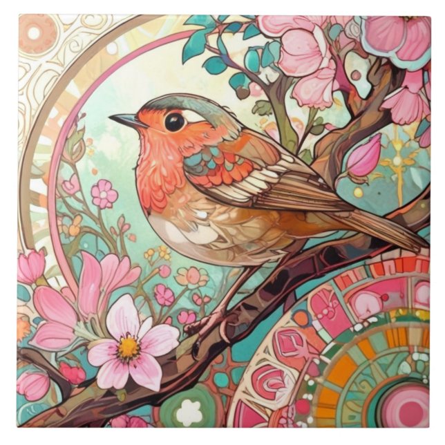Carreau Robin Oiseau de la poitrine rose Fleurs de printem (Devant)