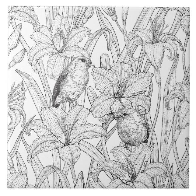 Carreau Robins et fleurs de lys, noir et blanc (Devant)