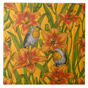Carreau Robins et fleurs de lys, orange et vert