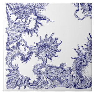 Carreau Rococo Baroque Bleu & Blanc Motif Rocaille b