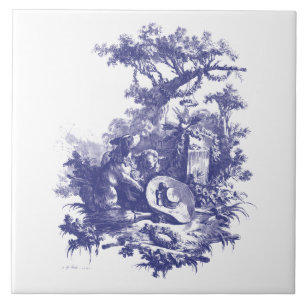 Carreau Rococo Baroque Bleu & Blanc Paysage Chien & Mouton