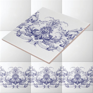 Carreau Rococo Baroque Bleu & Blanc Rocaille Frieze