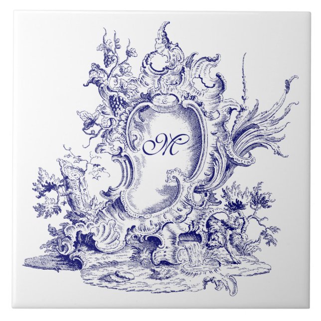 Carreau Rococo Cartouche Monogramme Baroque Bleu Et Blanc (Devant)