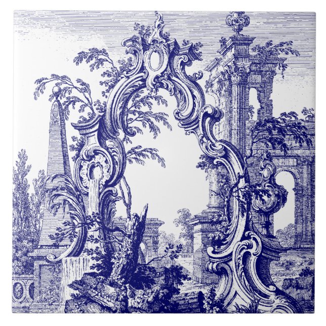 Carreau Rococo Cartouche Ruines Baroque Bleu & Blanc (Devant)